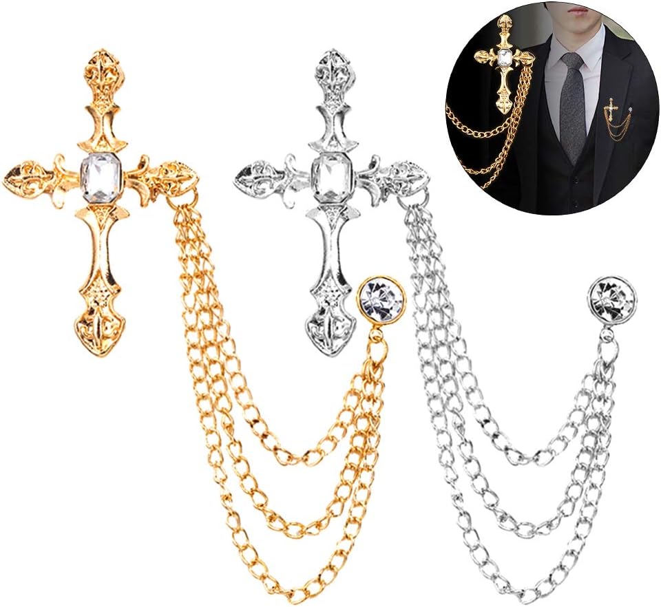 2PCS Men's Brooch Cross Hanging Chain Brooch Stone Detailing with Engraving Metal Crystal Brooch Suit Stud Lapel Pin Vintage Rhinestone Breastpin Wedding Brooch Pin, Gold and Silver
