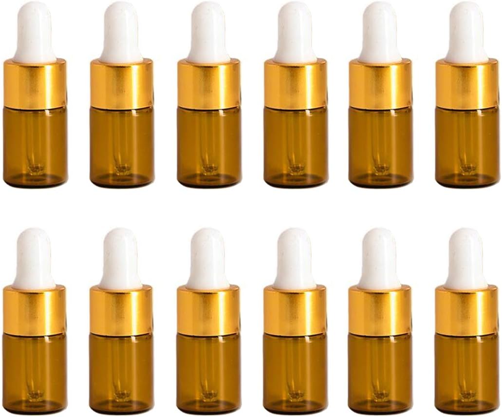 12Pcs Empty Refillable Mini Amber Glass Cosmetic Makeup Essential Oil Perfume Dropper Bottle Vial Jars with Glass Dropper and White Rubber Cap Perfect For Travel and Home Use(3ml)