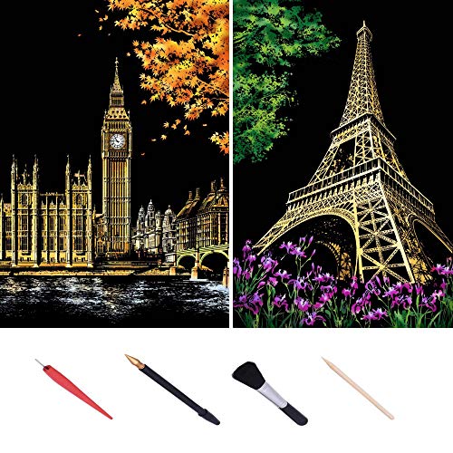 XiaoXT Scratch Art Paper Rainbow Painting Sketch Pad DIY Night View Scratchboard for Adults and Kids - 2 Packs, 16 X 11.2 Inches (Eiffel Tower+Big Ben of London) - Thumbnail 7