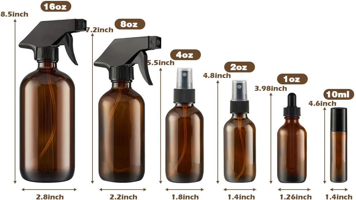 Glass Spray Bottle, SXUDA Amber Glass Spray Bottles Set Roller Bottles for Essential Oils, Cleaning Products or Aromatherapy (16OZ, 8OZ, 4OZ, 2OZ, 2OZ Dropper Bottle) x 2, 10 ml Roller Bottle x 4