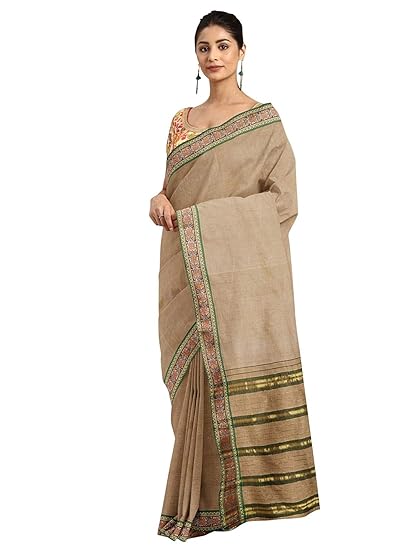 Women plain Mangalagiri pure cotton Traditional saree (Beige)