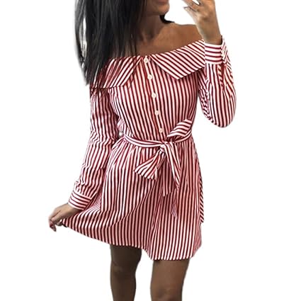 Kleid Damen Kolylong® Frauen Elegant Trägerloses Gestreift Kleid Langarm Festlich Schulterfrei Kleid Kurz T-Shirt Kleider Min
