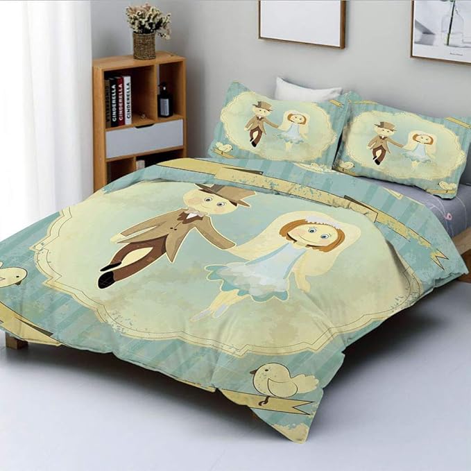 Qoqon Juego de Funda nórdica, diseño Retro Vintage Novia Novio Palomas