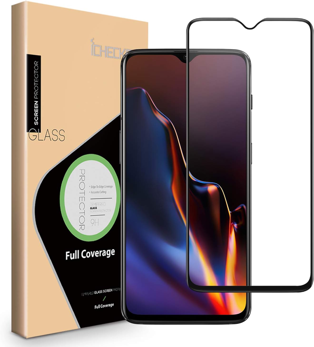 OnePlus 6T Screen Protector - ICHECKEY [Full Adhesive] [3D Full Coverage ] Tempered Glass Screen Cover Shield for OnePlus 6T - Black