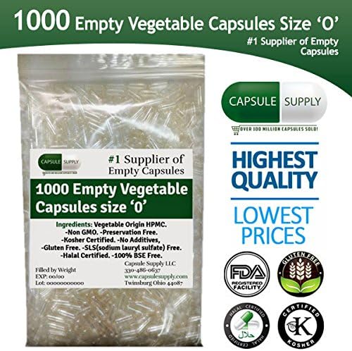 1000 Empty Vegetarian Vegetable (Size 0) Capsules | Halal/Kosher Certified | SLS - Free | High Quality Capsule Supply Products (1000)