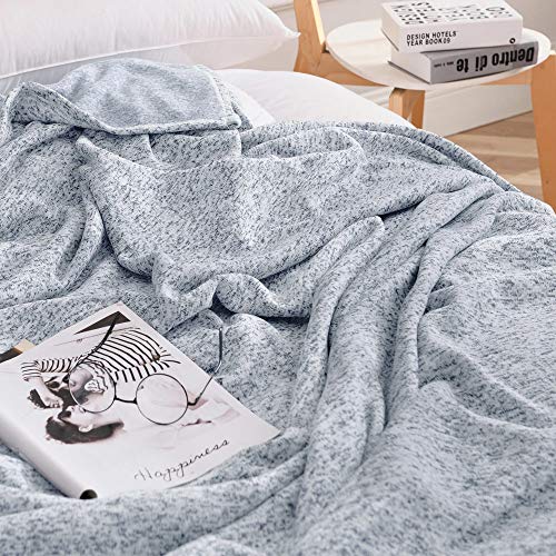 KAWAHOME Knit Summer Thin Blanket Breathable Lightweight Fuzzy Heather Jersey Blankets All Season for Couch Sofa Bed Queen Size 90 X 90 Inches Blue and White