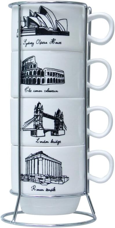 Pretty Housekeeper Stacking Mugs Fine Porcelain Coffee Mugs Set Includes 4 Cups with Rack,Famous City 2 Picture,5 Oz Cups