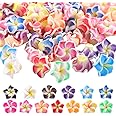 SUNNYCLUE 100Pcs Plumeria Beads Polymer Clay Flower Beads Bulk Handmade Hawaiian Plumerias Flowers 12x8mm Flat Back Floral Charms Summer Colorful 3D Loose Spacers for Jewelry Making Beading Kit