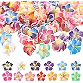 SUNNYCLUE 100Pcs Plumeria Beads Polymer Clay Flower Beads Bulk Handmade Hawaiian Plumerias Flowers 12x8mm Flat Back Floral Charms Summer Colorful 3D Loose Spacers for Jewelry Making Beading Kit