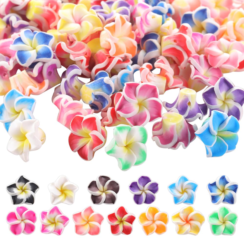 SUNNYCLUE 100Pcs Plumeria Beads Polymer Clay Flower Beads Bulk Handmade Hawaiian Plumerias Flowers 12x8mm Flat Back Floral Charms Summer Colorful 3D Loose Spacer for jewellery Making Beading Kit