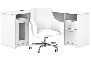 BUSH BUSINESS FURNITURE Bush Furniture Cabot 60W L Shaped Computer Desk with Mid Back Leather Box Chair in White
