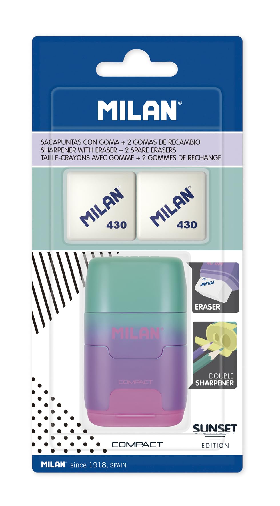 MILAN Blister Pack Sunset Purple Compact Sharpener + 2 Replacement Erasers, BYM10451