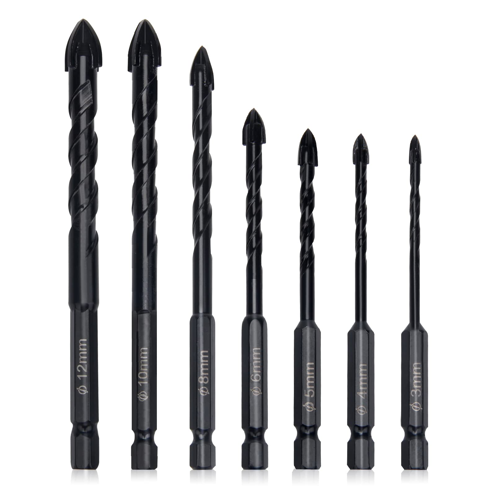 Zhaoyao 7 Pieces Masonry Drill Bits, Cross Bit Universal Drilling Tool 3mm 4mm 5mm 6mm 8mm 10mm 12mm for Glass, Ceramic Tile, Plastic, Wood, Concrete Wall