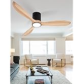 VACILL Flush Mount Ceiling Fan with Light,Low Profile Ceiling Fan,Natural Wooden Fan Blades,6 Speed,LED Dimmable,DC Motor,52 