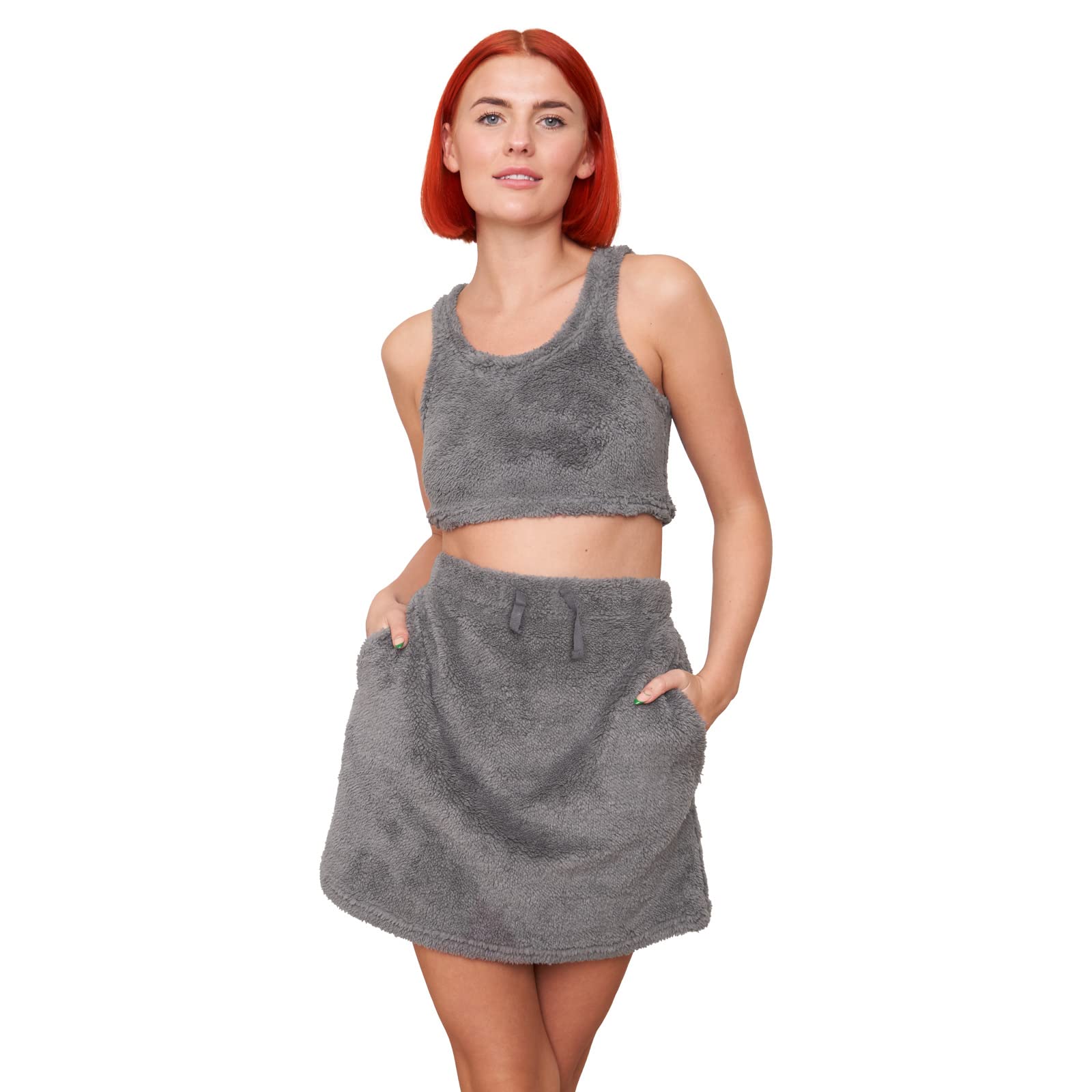 OHS Mini Skirt High Waisted Teddy Fleece Super Soft Plush Casual Jersey Tube Womens Warm Loungewear, Warm Grey - Small 6/8