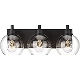 METWET Bathroom Light Fixtures, 3-Light Matte Black Vanity Light, Modern Wall Sconces with Clear Glass Globe Shade, Bathroom 