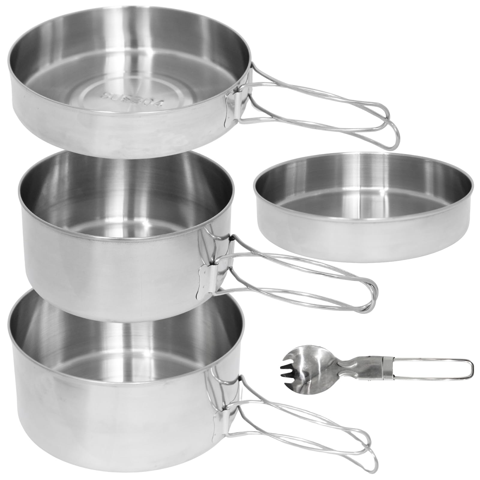 BeGrit Camping Pans 4 Pcs Hiking Cookware Collapsible Cooking Pot Set Stackable Outdoor Saucepans Stainless Steel Cooking Utensils with Frying Pan & Pot for Outdoor Camping Hiking Picnic