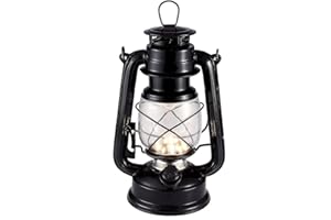 WISHOMEE Vintage LED Hurricane Lantern, Warm White Battery Operated, Antique Metal Hanging With Dimmer Switch, 15 LEDs, 150 Lumen for Indoor or Outdoor Usage (Black)