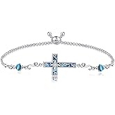 AXOMY Cross Bracelet for Women 925 Sterling Silver Abalone Shell Christian Sideways Cross Bracelets Religious Jewelry Gifts for Women Mom