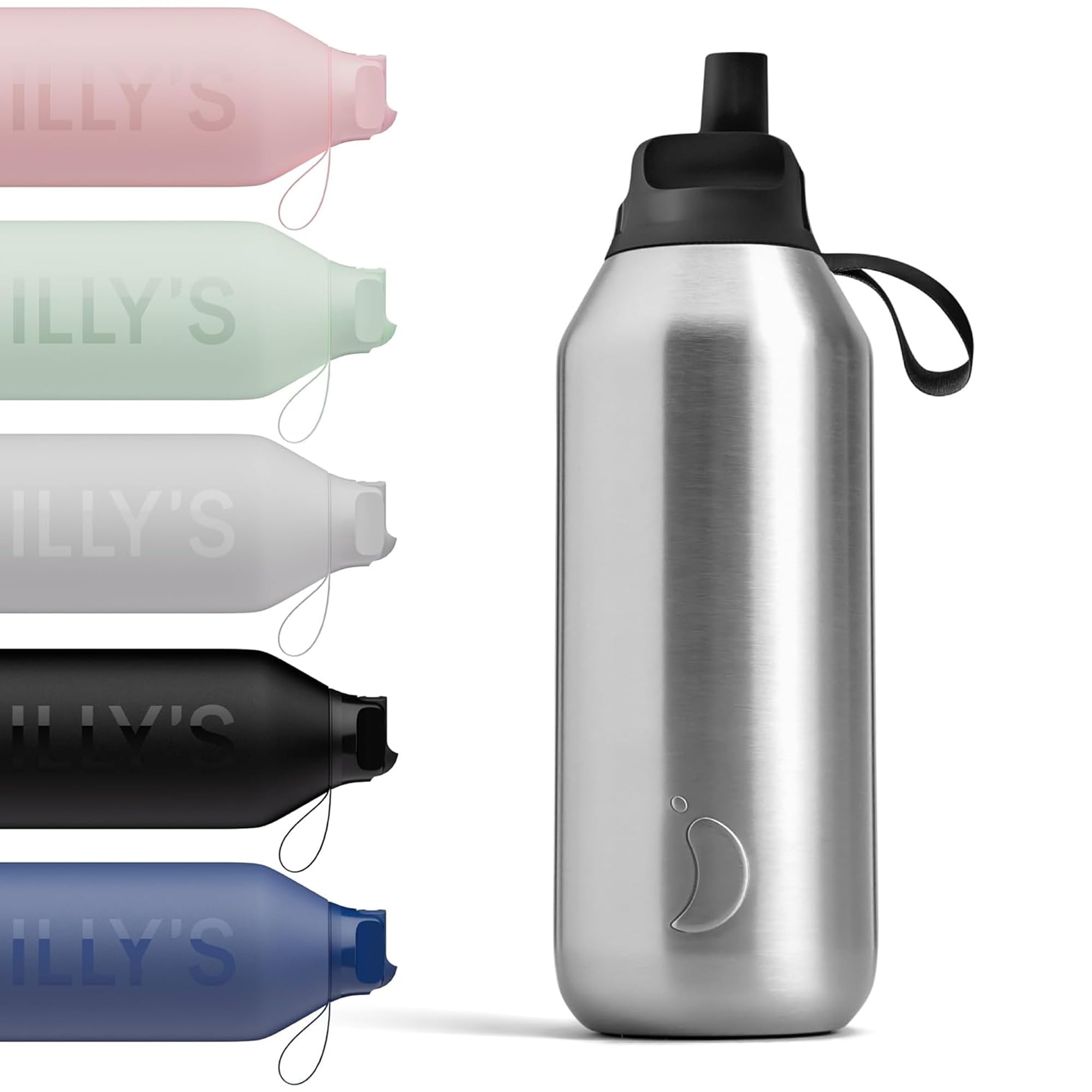 Chilly's Series 2 Flip Water Bottle with Sports Flip Lid, 90% Recycled Stainless Steel - Stainless Steel, 500ml