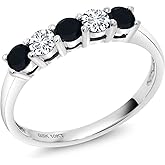 Gem Stone King 10K White Gold Black Onyx and Lab Grown Diamond 5-Stone Wedding Engagement Ring For Women | 0.50 Cttw | Round 3MM | Wedding Engagement Anniversary Promise Ring For Women