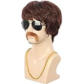karlery Adult Men Short Straight Brown California 70s 80s Rocker Moustache Disco Wig with Necklace Halloween Costume Cosplay Anime Wig