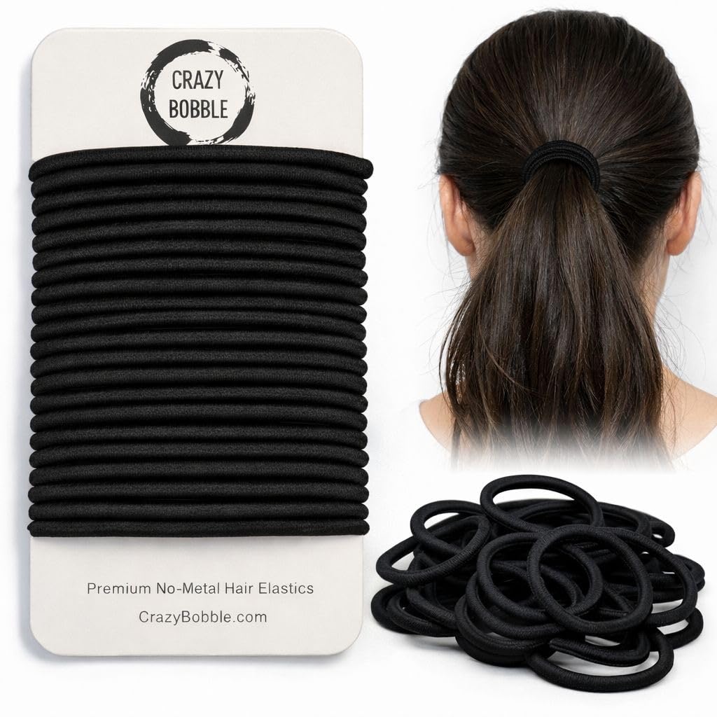 24 Pcs Black Crazy Bobble® Premium Non-Metal Hair Elastics Hair Bands 4mm Thick Hair Ties For Adults and Kids