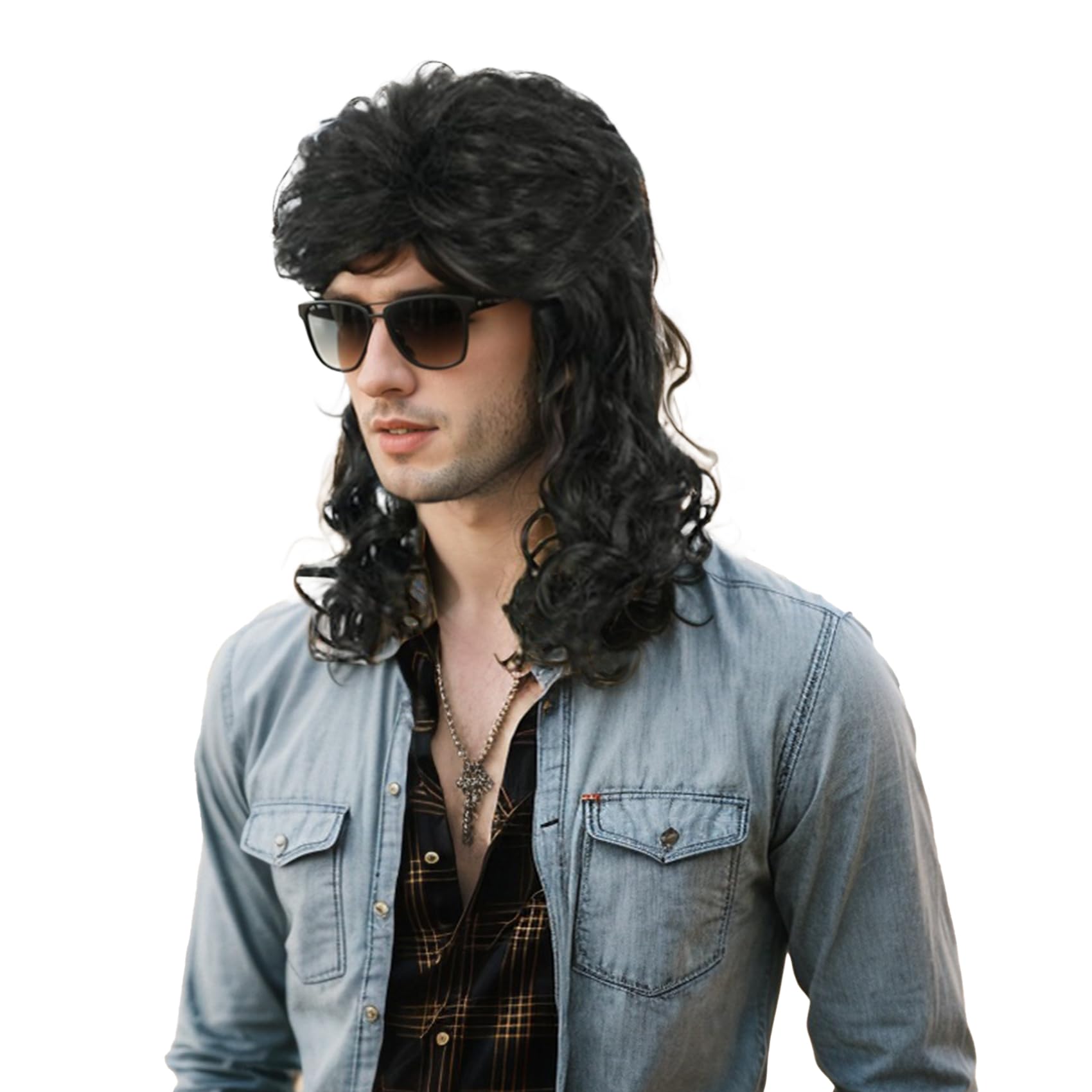 Karlery Men Women Long Curly Black 70s 80s Heavy Metal Rocker Mullet Wig Costume Anime Wig