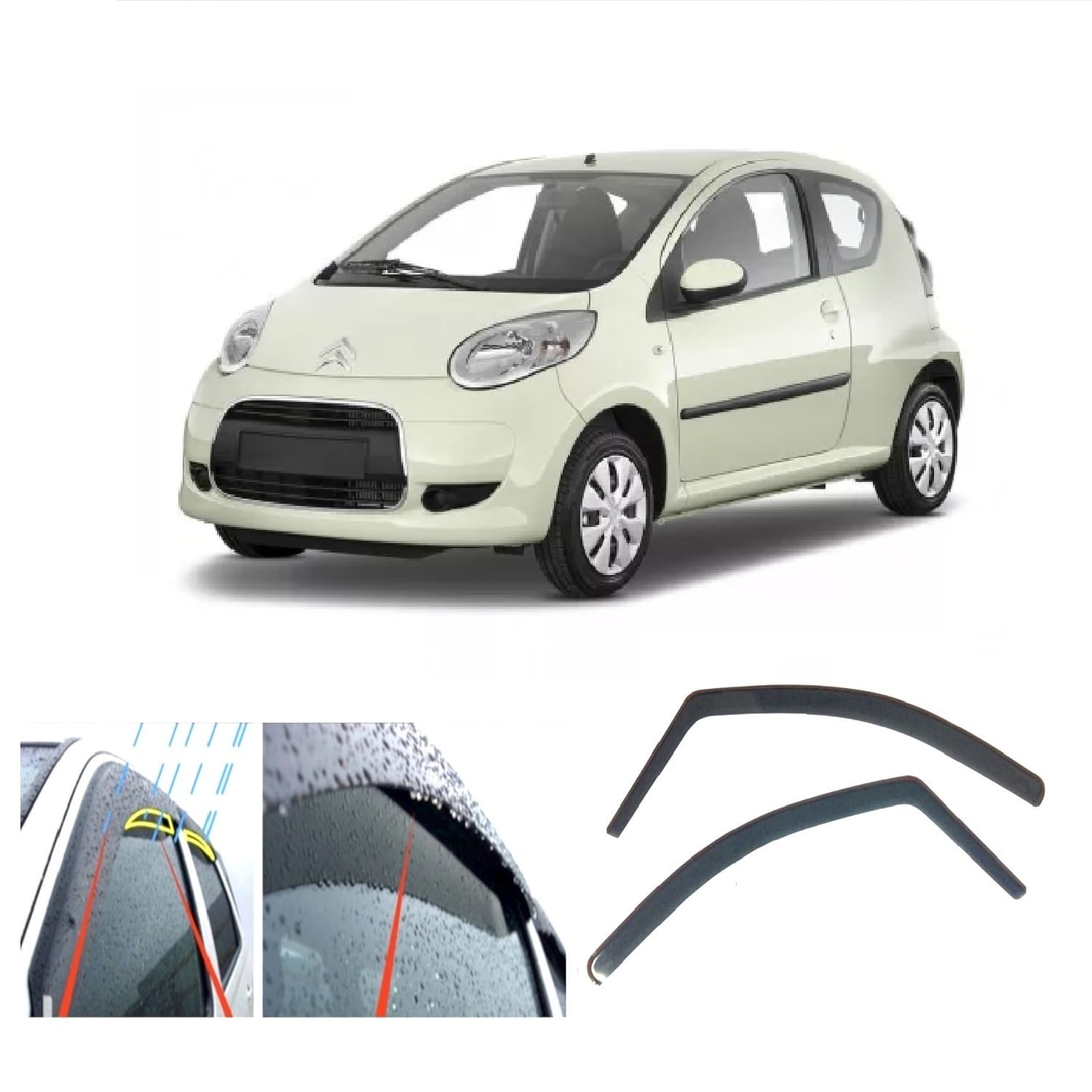 2x Wind Deflectors Compatible with TOYOTA AYGO CITROEN C1 PEUGEOT 107 MK1 3-Door 2005 2006 2007 2008 2009 2010 2011 2012 2013 2014 Acrylic Glass Visors Rain Snow Sun Guards