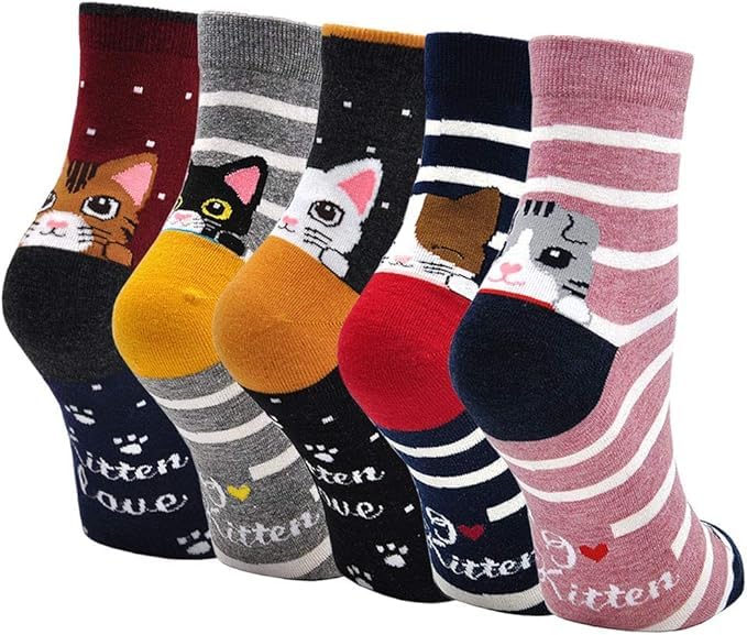 PUTUO Kinder Mädchen Socken Kindersocken: Mädchen Lustige Socken aus Baumwolle Kinder Bunt Tiere Gemustert Strümpfe größe 31-34 Zeichentrickkatze 5 Paare