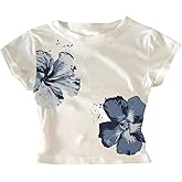 SOLY HUX Women's Floral Graphic Tees Short Sleeve Crew Neck Vintage Aesthetic T Shirt Going Out Crop Tops