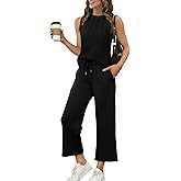 WIHOLL Two Piece Sets for Women Summer Vacation Travel Outfits Pleated Tank Top Wide Leg Crop Pants Matching Lounge Sets