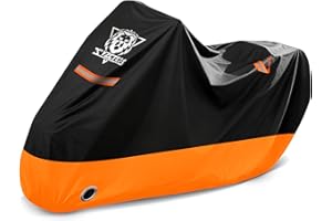 XYZCTEM Motorcycle Cover Waterproof Outdoor All Season Protection Motorcycle Storage Night Reflective Handles with Lock-Holes Storage Bag Fits up to 108" Motorcycle Vehicle Covers, Black&Orange