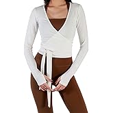 Women Ballet Wrap Tops Going Out Slim Fit V Neck Workout Yoga Pilates Top Tie Up Long Sleeve T Shirt with Fingers