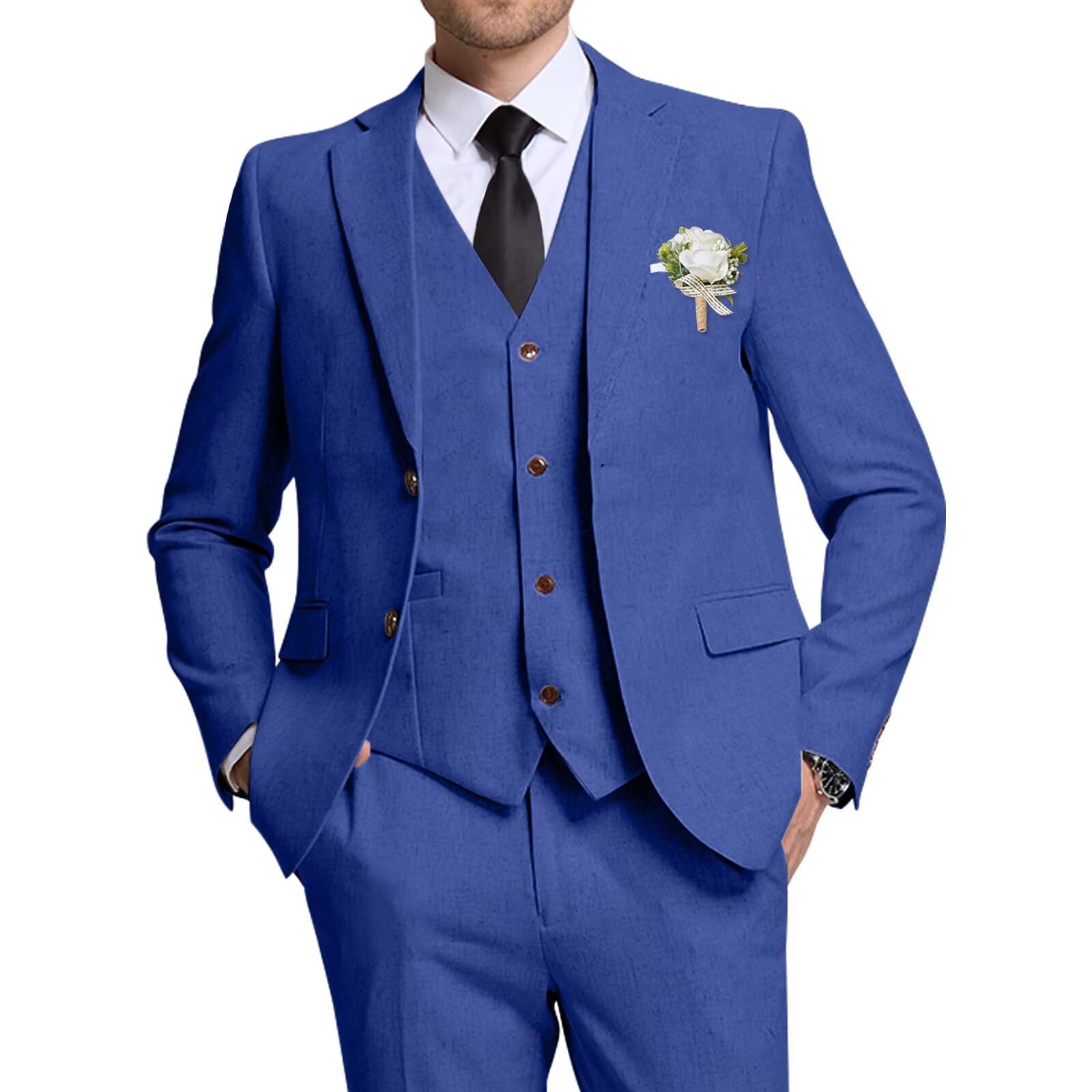 High-End Suits Retro Royal Blue Linen Men Suit