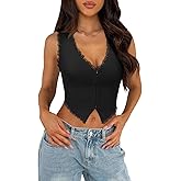 UNCOOYEE Sexy Lace Top for Women Summer V Neck Sleeveless Y2K Going Out Corset Tank Tops