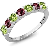 Gem Stone King 1.38 Cttw Green Peridot and Red Rhodolite Garnet Alternate Anniversary Ring For Women | 925 Sterling Silver | Gemstone Birthstone | Round 3.5MM | Available In Size 5, 6, 7, 8, 9