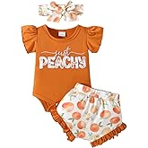 Youweixiong Newborn Infant Baby Girl Summer Clothes Ruffle Sleeve Just Peachy Romper+Peach Bloomer Short+Headband 3Pcs Outfit