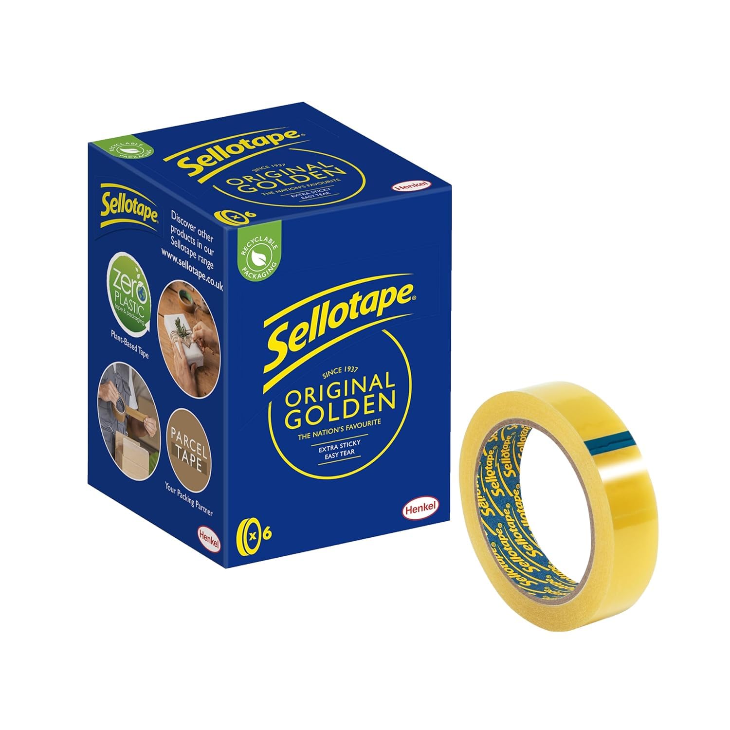 Sellotape Original Golden, Multi-Purpose Clear Tape for Household Objects, Clear Packing Tape for Sticking Envelopes or Cards, Easy to Use Packaging Tape, 24mm x 66m, Pack of 6 — image 1