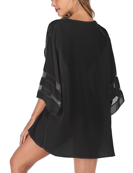 YNIMIOAOX WOMEN’S 3/4 SLEEVE FLORAL KIMONO CARDIGAN, SHEER LOOSE CAPES, CASUAL BLOUSE TOPS,M16-PURE BLACK,X-LARGE