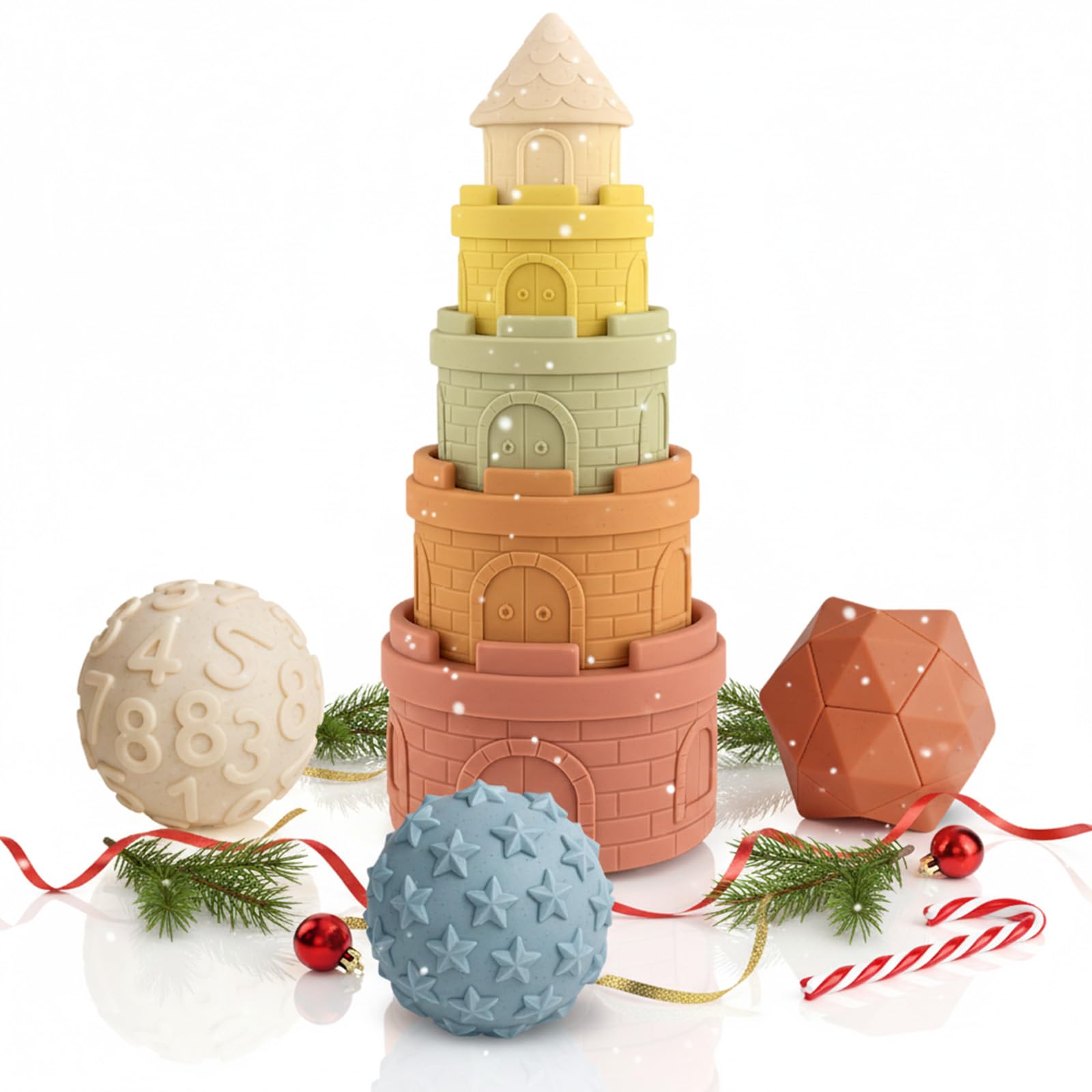ROHSCE Baby Stacking Cups & Sensory Ball Set, Textured Sensory Toys for Babies, Soft Castle Nesting Blocks, Newborn Teether & Bath Toys 6-12 Months, 8 PCS Montessori Learning Gifts for Toddlers 1-3