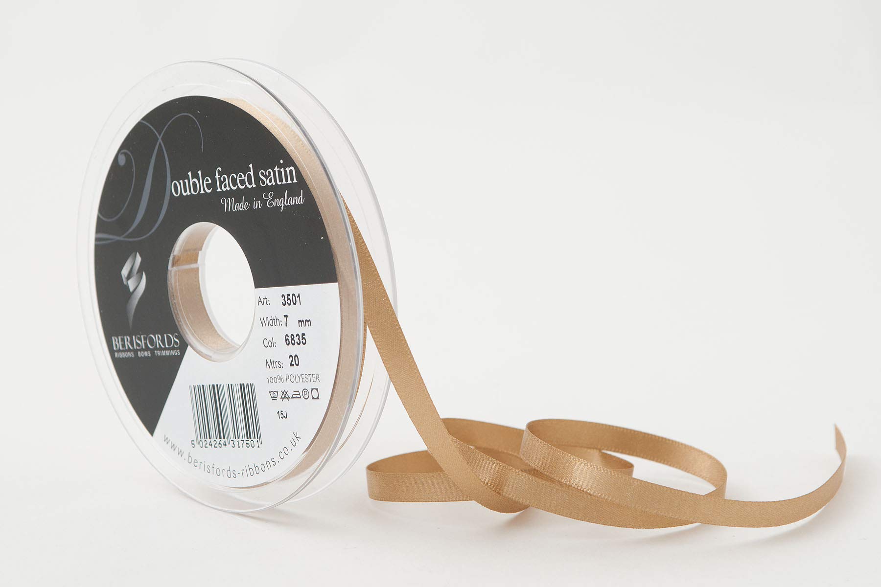 Berisfords Double FACE Poly Satin Ribbon, Straw, 7 mm