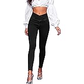 AIMILIA Crossover Jeggings for Women Tummy Control High Waist Pull On Stretchy Jeans Denim Leggings with Pockets Slimming