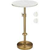 Adjustable 12" White Marble Drink Table with 2 Coasters, Antique Brass⁠ | Adjustable 12" round martini end table &amp; pedestal side table. White marble and antique brass finish.⁠