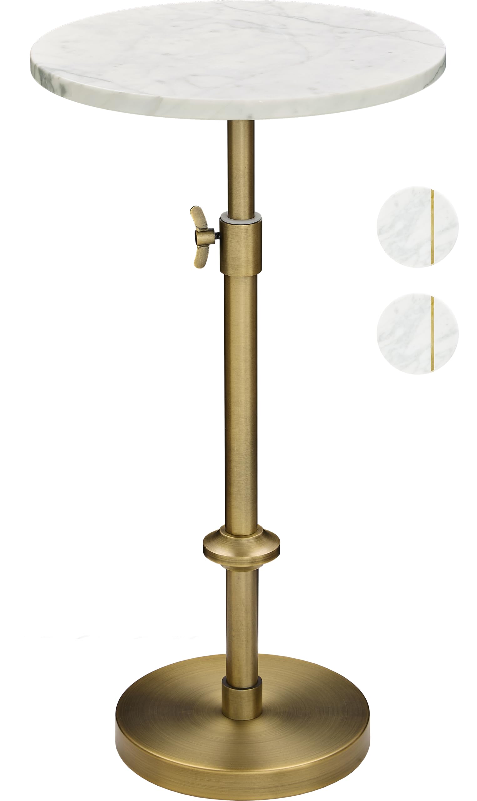 Photo 1 of Adjustable-Height Marble Drink Table - 12x12x22-30, White Marble & Antique Brass, Modern Round End Table, Side Table with Pedestal Stand for Small Spaces, Vintage Metal Martini Cocktail Accent