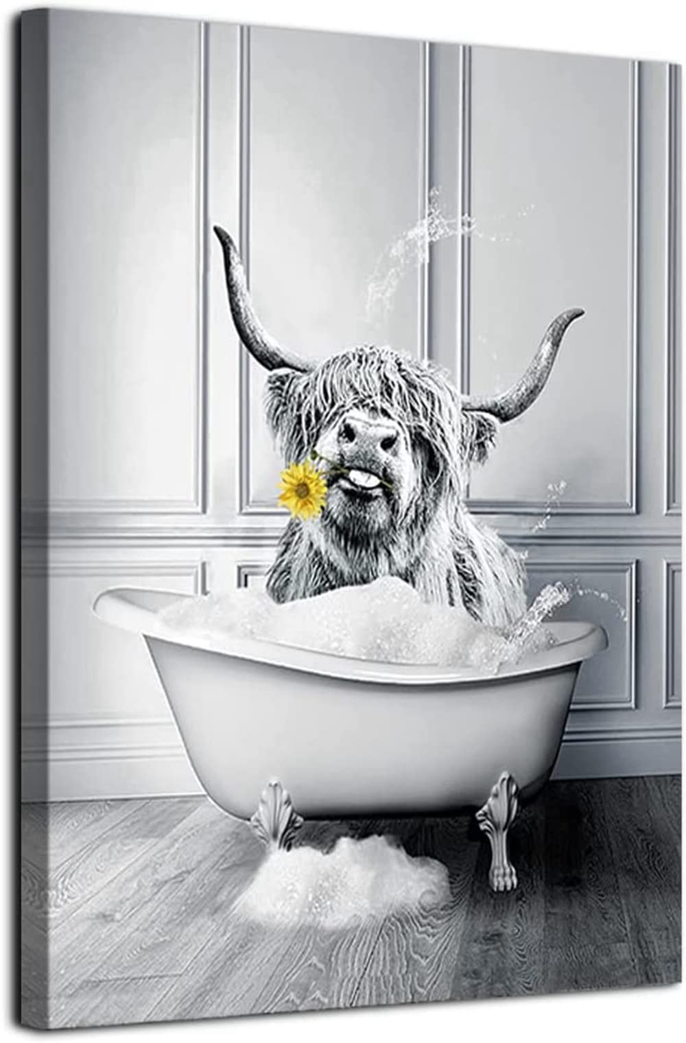 MKHFUW Scottish Highland Cow Wall Art Black and White Canvas Picture Cottage Bathroom Decorative Cow Wall Picture in Bathtub, Frameless（Bath Cinder,20 x 30cm）