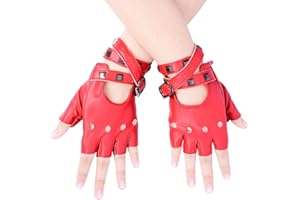 JISEN Women PU Leather Punk Gloves Rivets Belt Up or Snap Half Finger Performance Mittens