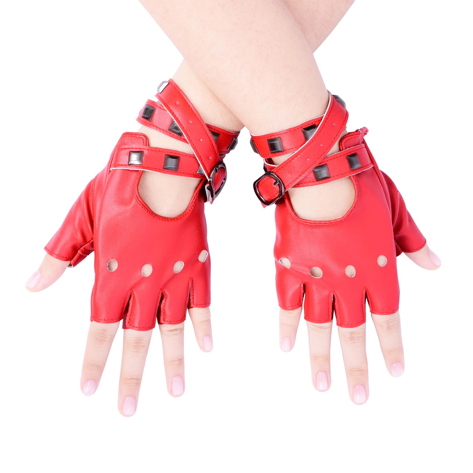 Photo 1 of JISEN Women Punk Belt Up Half Finger PU Leather Performance Gloves Red