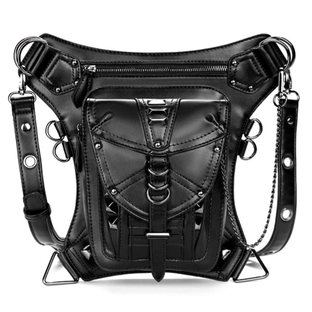 FiveloveTwo Men Women Leather Multi-Purpose Tactical Drop Leg Arm Bag Pack Hip Belt Waist Fanny Messenger Shoulder Bag Black