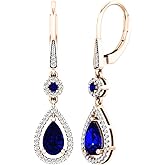 Dazzlingrock Collection 8X5mm Each Lab Created Round & Pear Gemstone & Round Natural Diamond Teardrop Dangling Earrings, 14K Rose Real Solid Gold